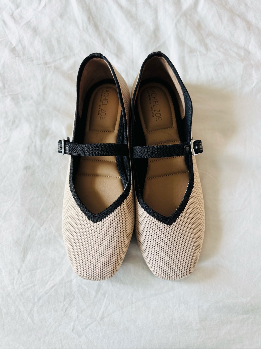 Rachel Zoe Beige Knit Mary Jane Flats with Black Trim